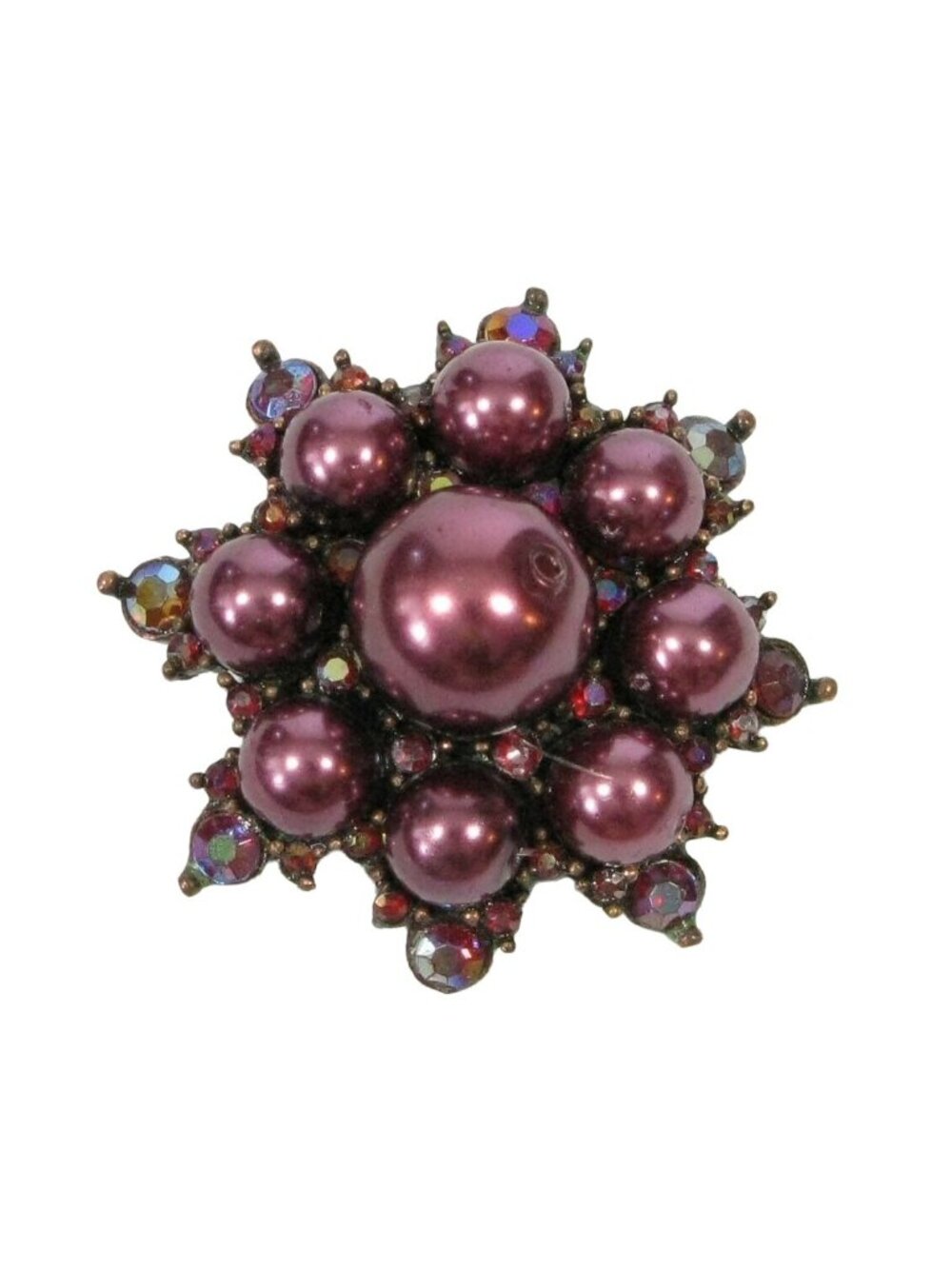 Vintage LAILA ROWE Bronze Tone Faux Pearl Rhinestone Round Star Pin Brooch 1.5"